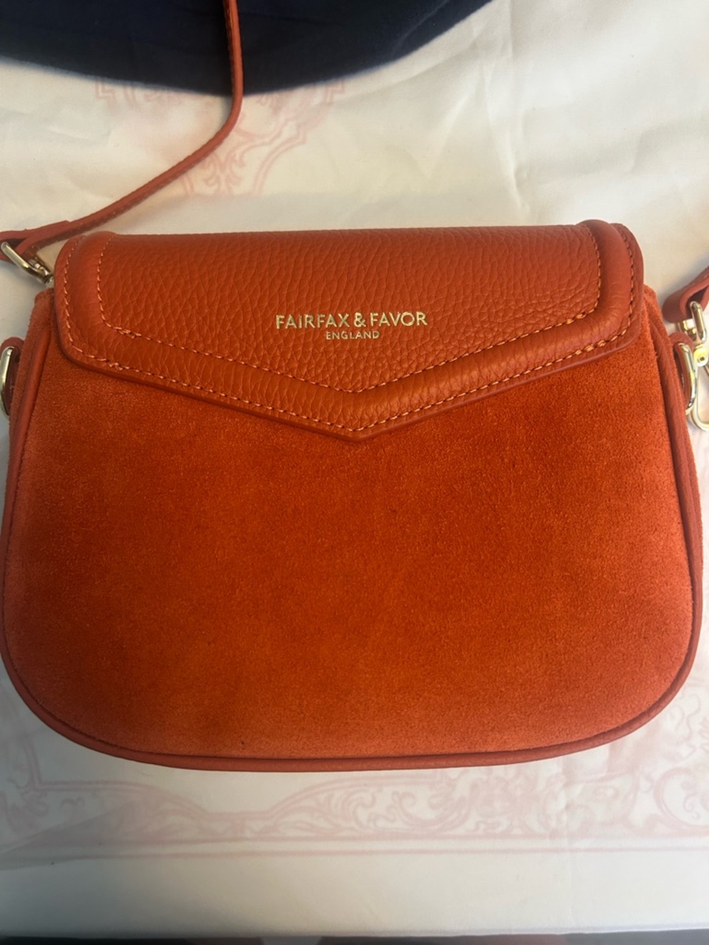 Fairfax & Favor Sunset Orange Saddle Crossbody Bag with Gold Accent - Picture 4 of 8